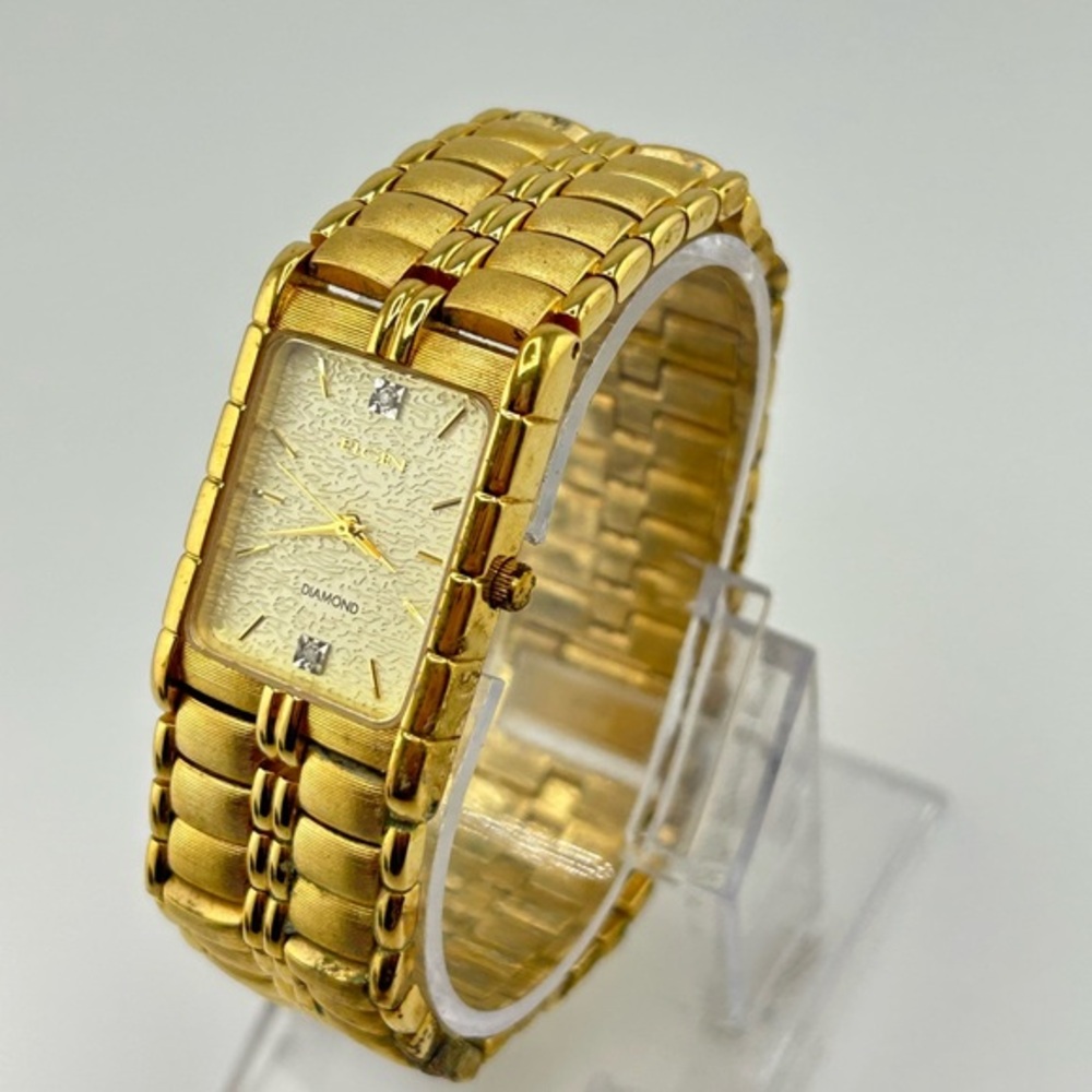 Elgin Diamond Ladies Watch Gold Tone Rectangle W/ New Battery #624 Japan Movt